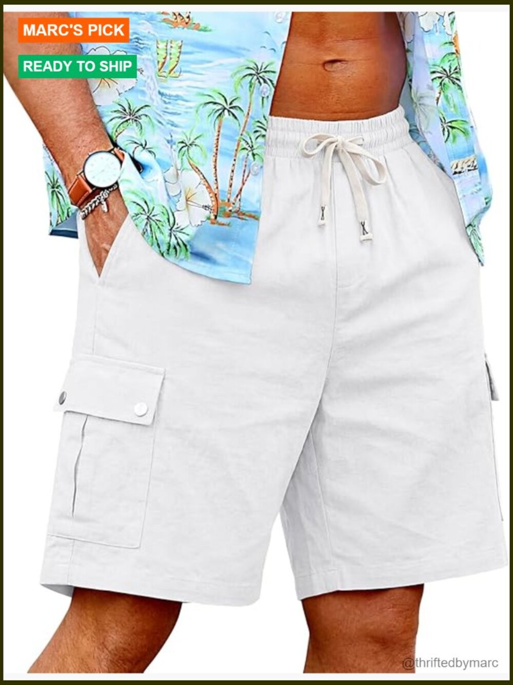 Men's Cotton Linen Cargo Shorts Elastic Waist 6 Pockets Summer Casual